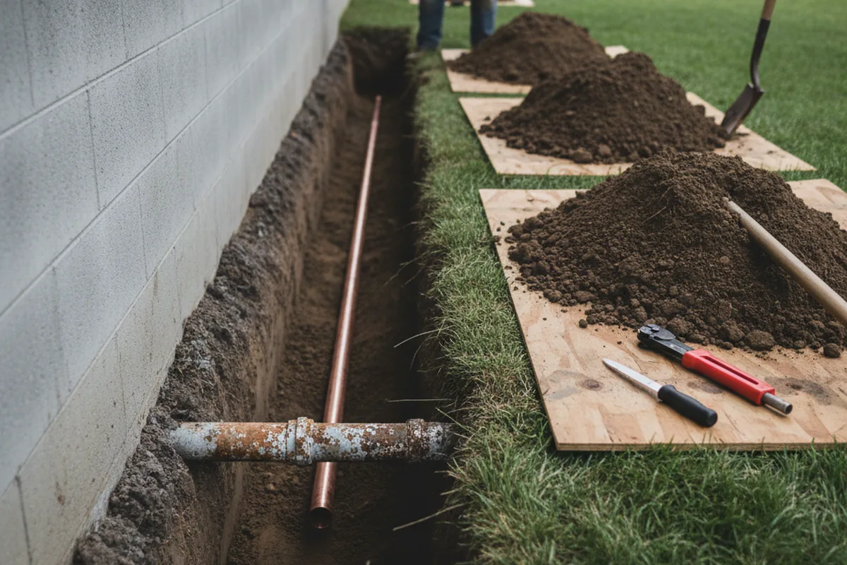 Excavated water line trench during Water Softener Installation in Etna